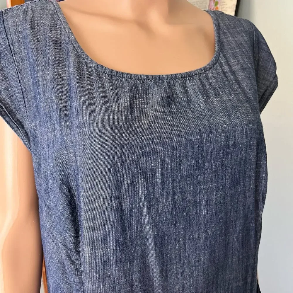 eShakti Chambray Cotton Midi Dress 2X 20W Floral Hem Pockets Cottagecore Prairie - Picture 3 of 6